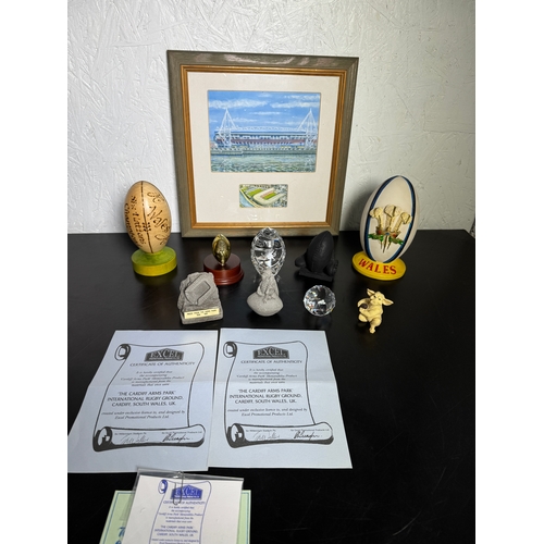 476 - A Collection Of Welsh Rugby Ornaments & A Painting Of Arms Park & Millennium Stadium by John Upton -... 