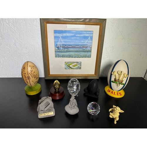476 - A Collection Of Welsh Rugby Ornaments & A Painting Of Arms Park & Millennium Stadium by John Upton -... 