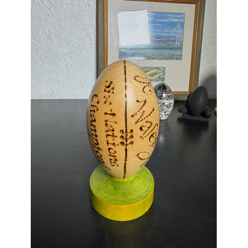 476 - A Collection Of Welsh Rugby Ornaments & A Painting Of Arms Park & Millennium Stadium by John Upton -... 
