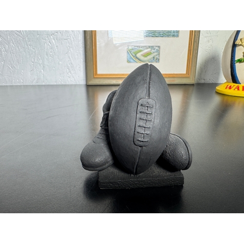 476 - A Collection Of Welsh Rugby Ornaments & A Painting Of Arms Park & Millennium Stadium by John Upton -... 
