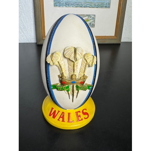 476 - A Collection Of Welsh Rugby Ornaments & A Painting Of Arms Park & Millennium Stadium by John Upton -... 