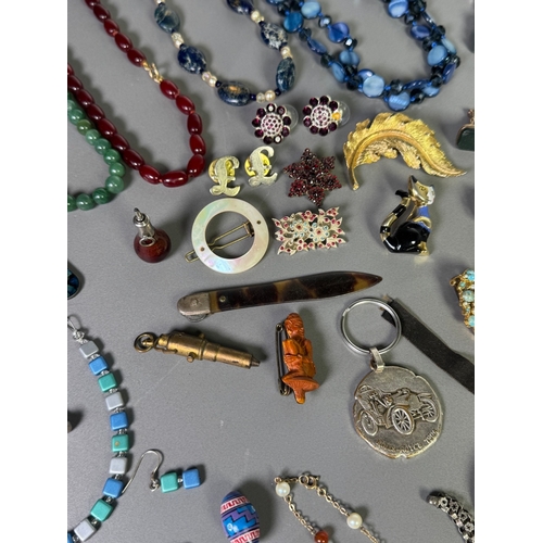 51 - Large mixed vintage jewellery lot — necklaces, brooches, earrings, watches; pair marked 