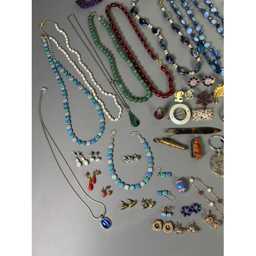51 - Large mixed vintage jewellery lot — necklaces, brooches, earrings, watches; pair marked 