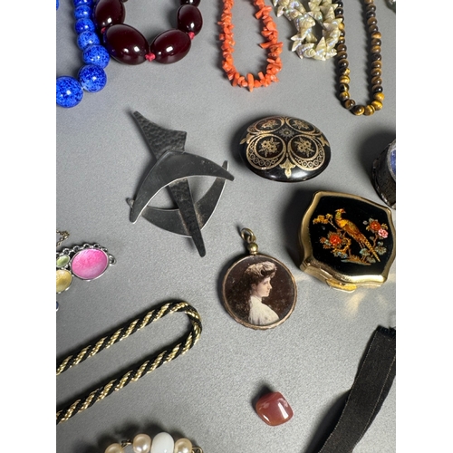 51 - Large mixed vintage jewellery lot — necklaces, brooches, earrings, watches; pair marked 