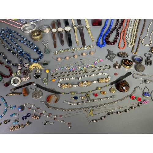 51 - Large mixed vintage jewellery lot — necklaces, brooches, earrings, watches; pair marked 