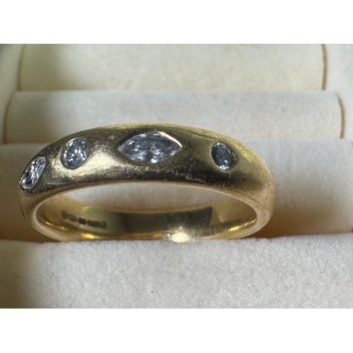 49 - 18ct (750) gold five‑stone diamond band — marquise & round cuts, UK hallmarks, 7.17g.

Fair vintage ... 
