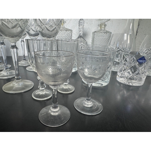 516 - Large Cut Glass & Crystal Collection – Decanters, Edinburgh Tumblers, Wine Glasses & BT Engraved Pie... 