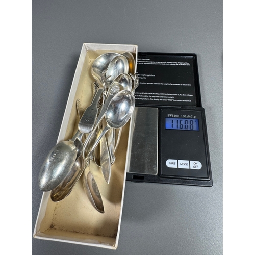 43 - Assorted hallmarked sterling & silver‑plate flatware lot — teaspoons, dessert/serving spoons, sugar ... 