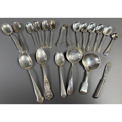 43 - Assorted hallmarked sterling & silver‑plate flatware lot — teaspoons, dessert/serving spoons, sugar ... 