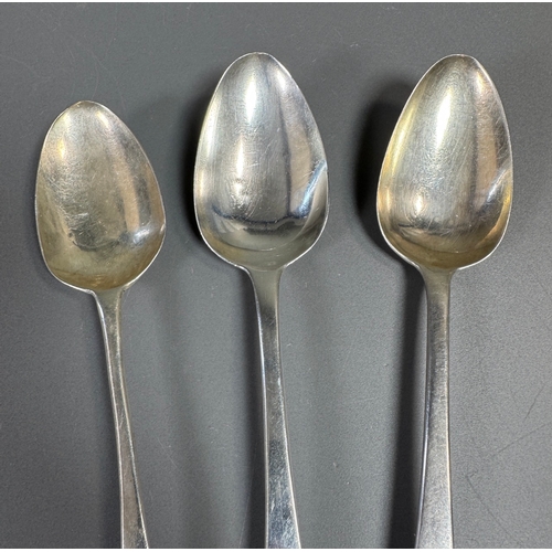42 - English hallmarked sterling tablespoons — three large spoons, 207g total, assorted makers & date let... 