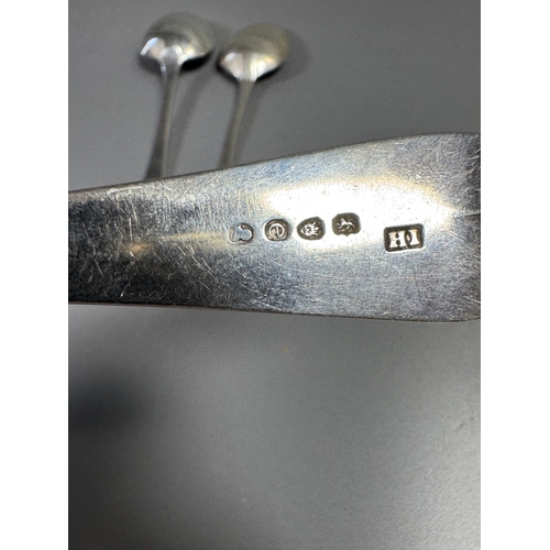 42 - English hallmarked sterling tablespoons — three large spoons, 207g total, assorted makers & date let... 