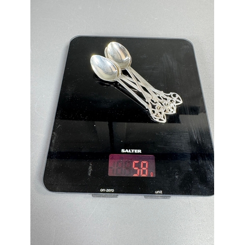 39 - Cased set of six English hallmarked sterling silver pierced-handle teaspoons 58grams, decorative Got... 