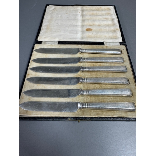 36 - Cased set of six English hallmarked sterling silver table knives, patterned handles, fitted case — 1... 