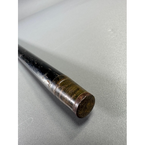 28 - Ebonised walking cane with engraved silver collar & cap, brass ferrule — approx. 95cm.

Ebonised can... 