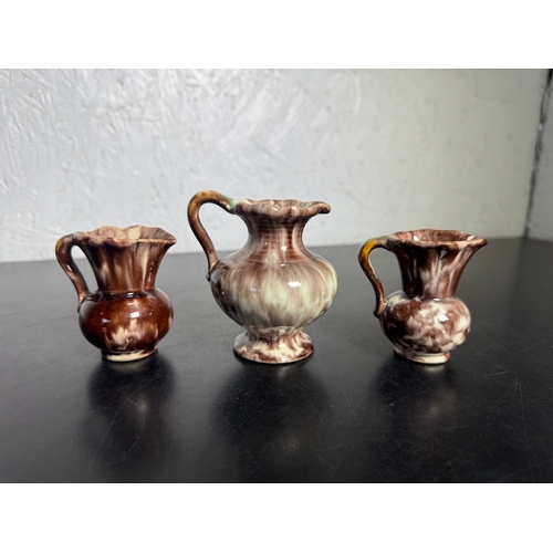590 - Trio of Vintage German Drip‑Glaze Pottery Jugs – Brown & Cream (Shipping Available)  Attractive set ... 