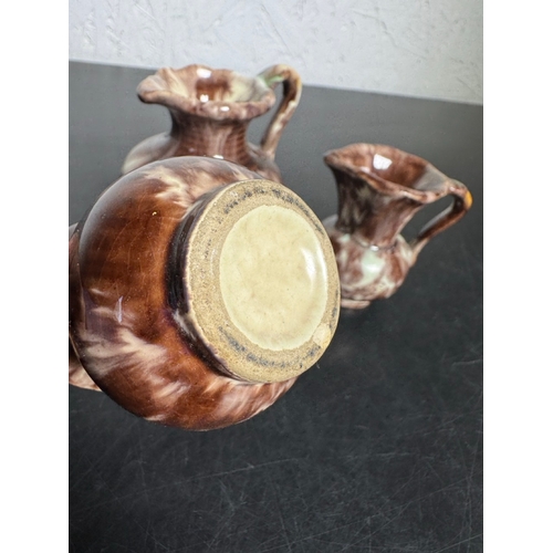 590 - Trio of Vintage German Drip‑Glaze Pottery Jugs – Brown & Cream (Shipping Available)  Attractive set ... 