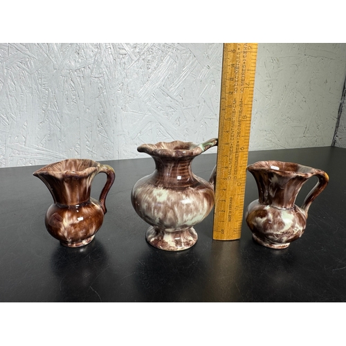 590 - Trio of Vintage German Drip‑Glaze Pottery Jugs – Brown & Cream (Shipping Available)  Attractive set ... 