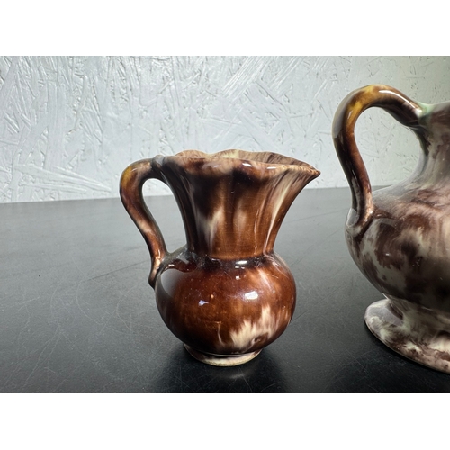590 - Trio of Vintage German Drip‑Glaze Pottery Jugs – Brown & Cream (Shipping Available)  Attractive set ... 