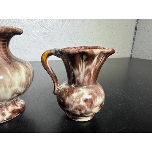 590 - Trio of Vintage German Drip‑Glaze Pottery Jugs – Brown & Cream (Shipping Available)  Attractive set ... 