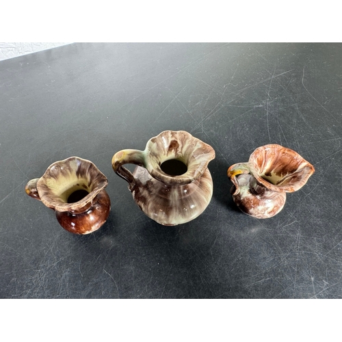 590 - Trio of Vintage German Drip‑Glaze Pottery Jugs – Brown & Cream (Shipping Available)  Attractive set ... 