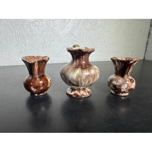 590 - Trio of Vintage German Drip‑Glaze Pottery Jugs – Brown & Cream (Shipping Available)  Attractive set ... 