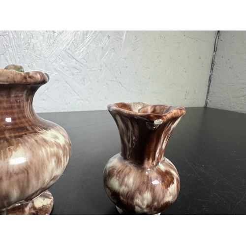590 - Trio of Vintage German Drip‑Glaze Pottery Jugs – Brown & Cream (Shipping Available)  Attractive set ... 