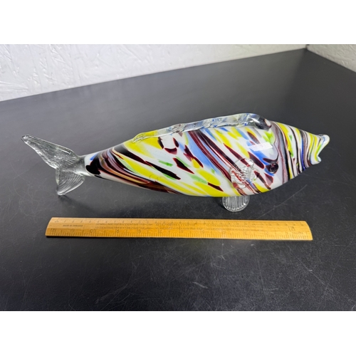 597 - 1970s Romanian Art Glass Fish Sculpture – Multicolour & 35cm Length.

Striking hand‑blown glass fish... 