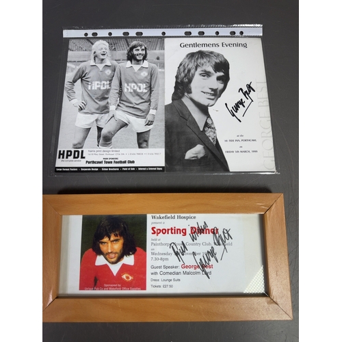 A Pair of George Best Signed Charity Event Programmes 1999

A pair of autographed charity event programmes featuring the Manchester United and Northern Ireland footballer George Best, both dating from 1999. The first is a printed programme for a Sporting Dinner in aid of Wakefield Hospice, held at Painthorpe House Country Club, Wakefield, on Wednesday 3rd November 1999. It features a colour photograph of Best in a Manchester United home shirt and is signed in black marker pen with the inscription Best wishes George Best. The item is housed in a light-toned wooden frame with a card backing. The second is a four-page commemorative card programme for a Gentlemens Evening at the Hi-Tide Inn, Porthcawl, on Friday 5th March 1999, sponsored by Porthcawl Town Football Club. The front cover displays a black and white portrait of Best and is signed vertically in black marker George Best. The interior includes the event menu and details of a charity auction for the Princess of Wales Hospital Childrens Fund. This programme was produced by Harris print design limited.