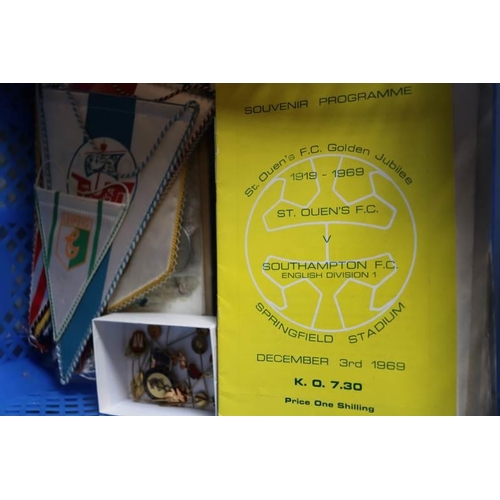 109 - A selection of football programmes, pins, pennants together with a small quantity of coins