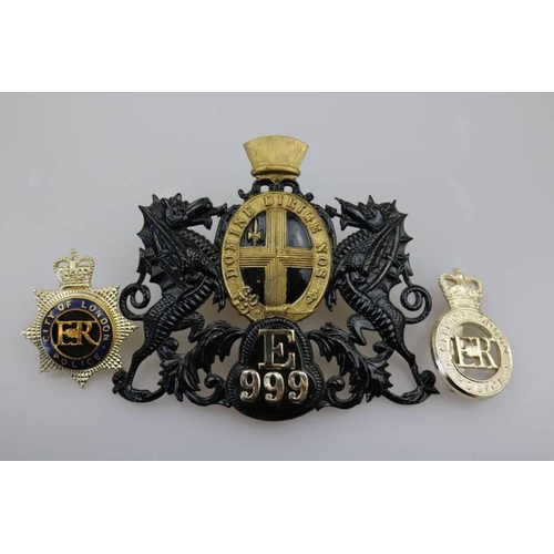 201 - An obsolete City of London Police helmet badge together with obsolete City of London Police cap badg... 