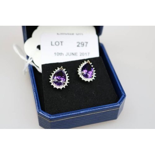 297 - A pair of 9k gold pearshap amethyst and diamond earrings