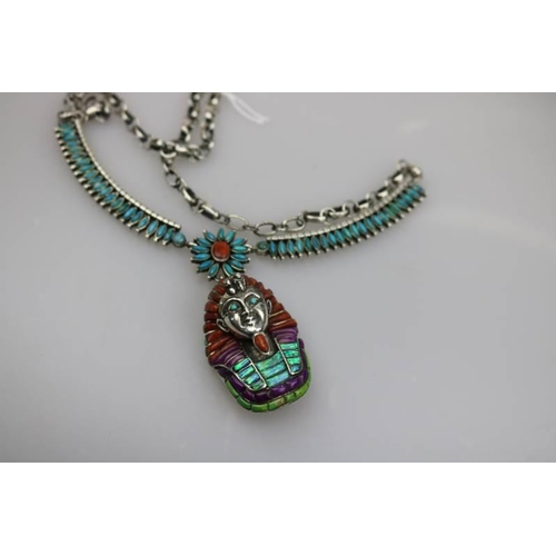 360 - A heavy 925 TQ, Coral, Opal set Egyptian necklace