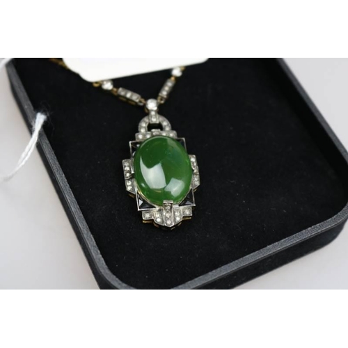 363 - A 9k Gold and silver mounted diamond and Jadeite Deco style necklace