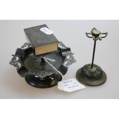 71 - An ashtray with matchbox holder above together with a hat pin holder and a set of six cased silver s... 