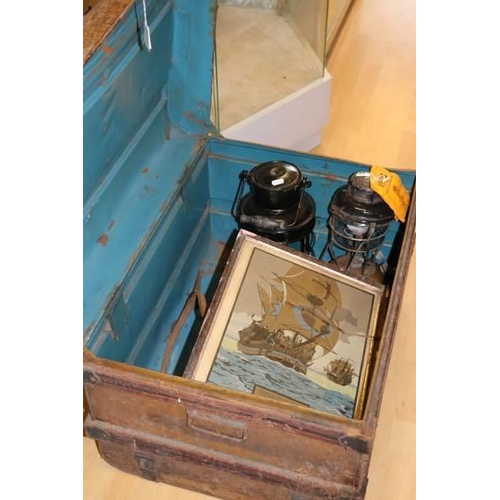 547 - A vintage metal trunk together with record tool plane, two lamps, a bale fork and a wallcousins prin... 