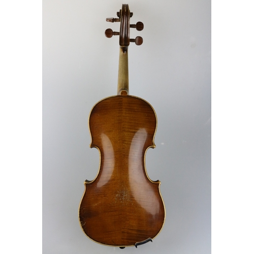 51 - Cased mahogany, Aubert Mirecourt one piece violin with two bows and addistional strings