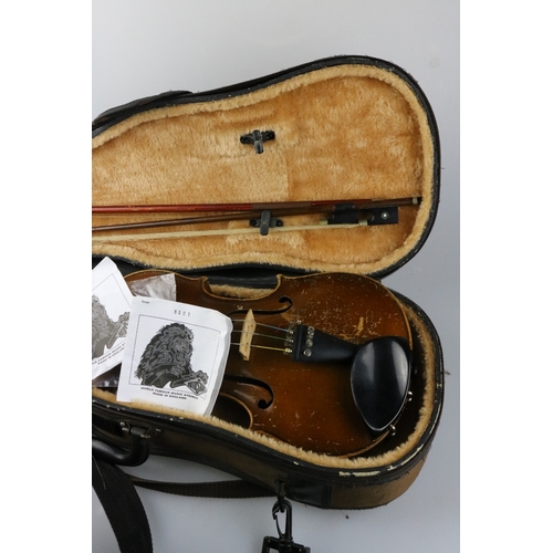 51 - Cased mahogany, Aubert Mirecourt one piece violin with two bows and addistional strings