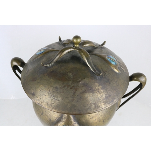 222 - Arts & Crafts brass oxidised coal bucket set with Ruskin? stones (in the manner of Gustav Strickley)