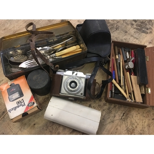 1023 - Qty of flatware, vintage and later pens, camera and more