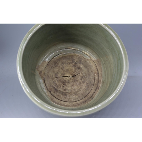 175 - Antique celadon footed planter Long Quan? All over crazing and hairlines, crack to bottom