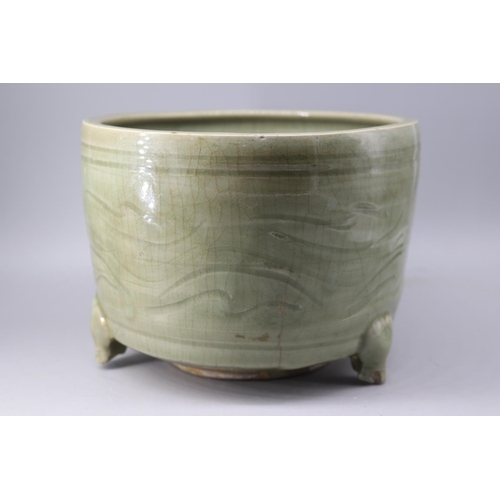 175 - Antique celadon footed planter Long Quan? All over crazing and hairlines, crack to bottom