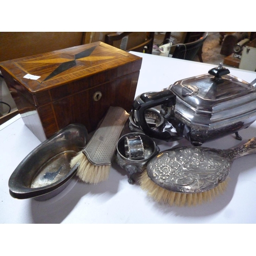 184 - A quantity of plated ware with a small amount of silver, together with an attractive tea caddy with ... 