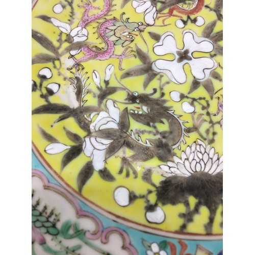 185 - Antique Chinese plate decorated with dragons and foliage (measures approx 27.5cm diameter) together ... 