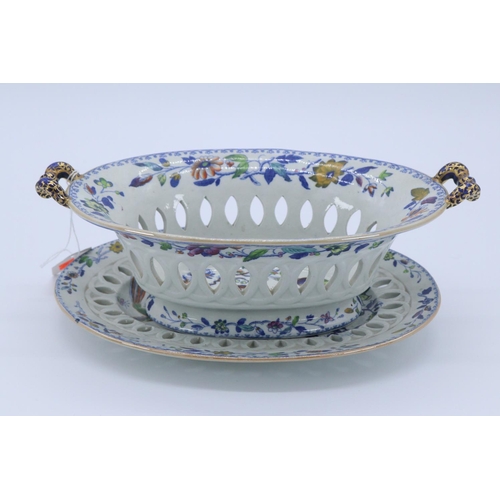 2 - Davenport pierced two handled dish on matching base (measures approx 27cm handle to handle)