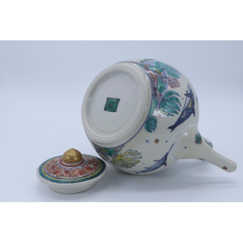 3 - Large Japanese tea pot decorated with dolphins (measures approx 10.5