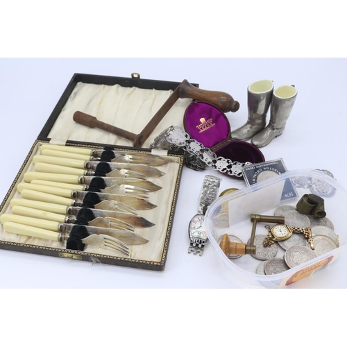 115 - Cased set of cutlery, plated nurses belt, curios, watches etc