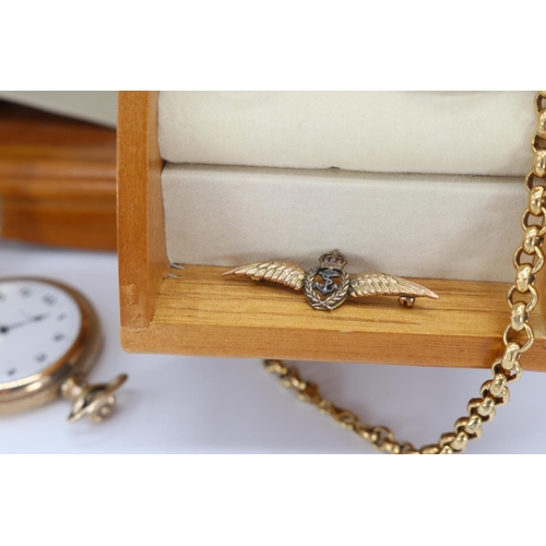 126 - 9ct gold sweetheart brooch, Elgin pocket watch, dress rings inside wooden jewellery box