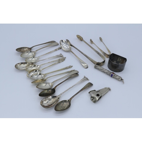 56 - Selection of silver tea spoons, napkin ring, cheroot cutter etc