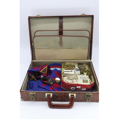 86 - Two briefcases containing an assortment of masonic aprons, collectables, German badges, photographs ... 