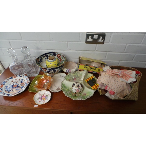 259 - Selection of ceramics, decanters and interesting selection of vintage dolls clothes